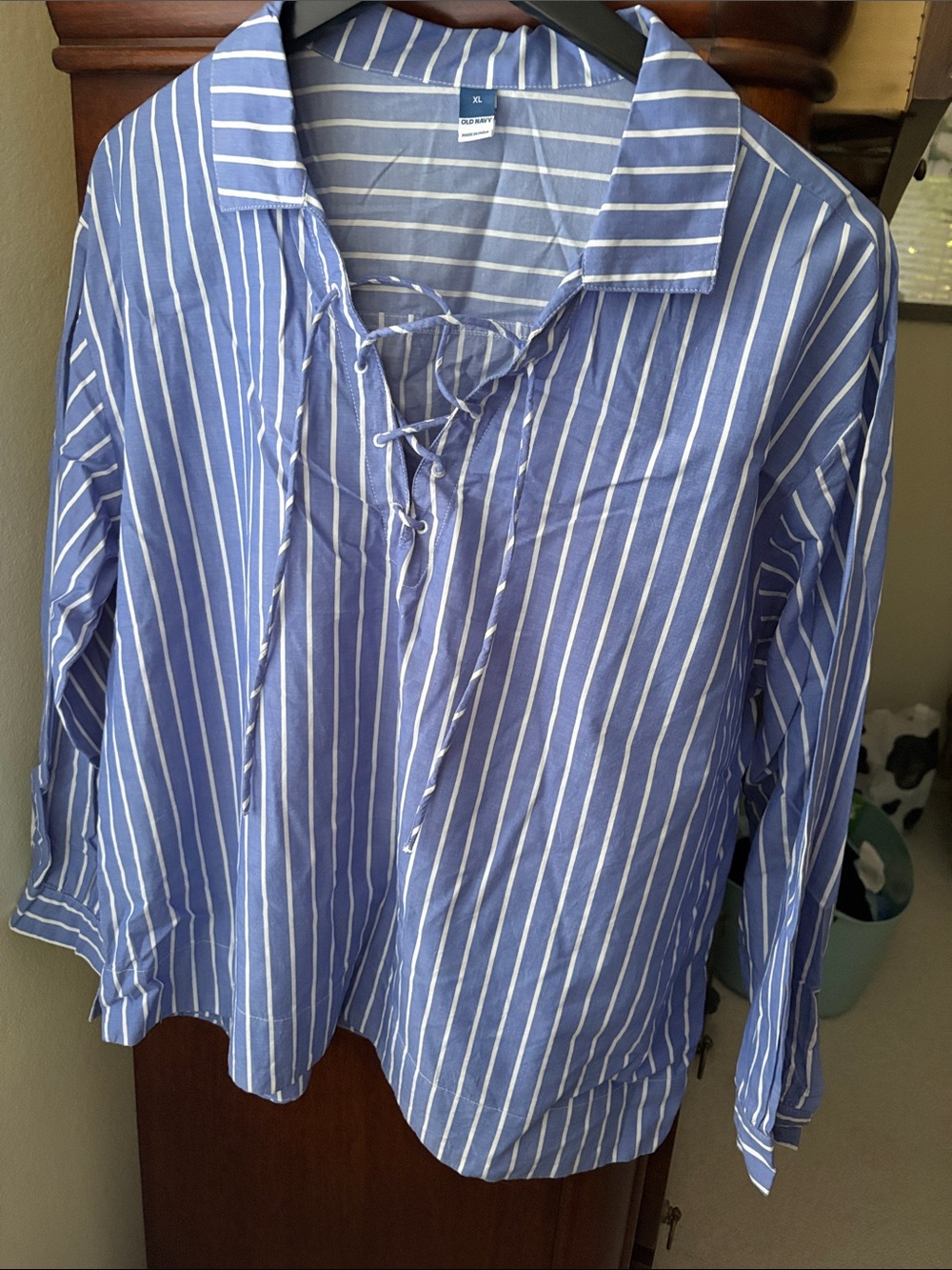 Blue and White Striped Lace-Up Shirt